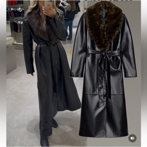 ZARA FAUX LEATHER COAT WITH DETACHABLE COLLAR NWT